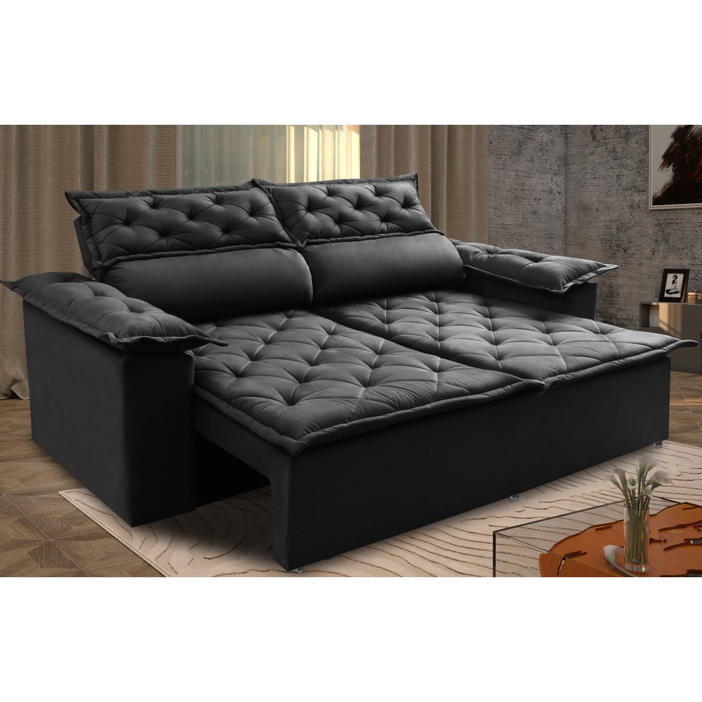 Sofá 3 Lugares Retrátil e Reclinável Cama inBox Compact 1,80m Velusoft Preto - Home & Living