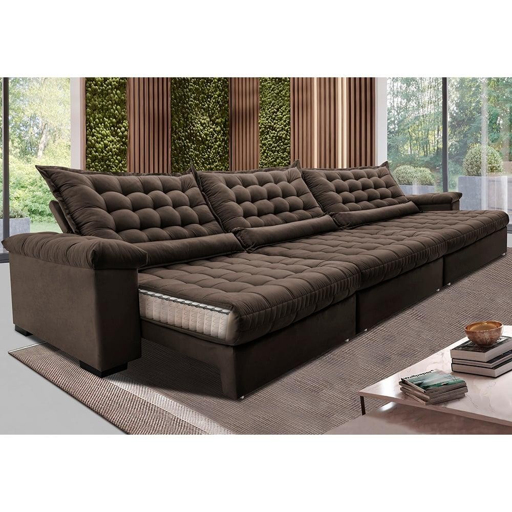 Sofá Retrátil e Reclinável 4,15m Molas Ensacadas Cama inBox Big Space com Bordado 3D Velusoft Café em Oferta na Shopee