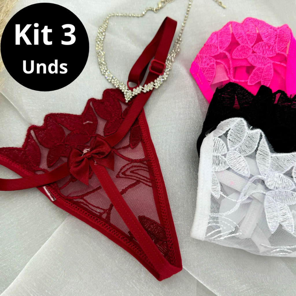 Kit 3 Calcinhas Tanga Fio Dental Sexy Lingerie em De Tule Com Laço Traseiro Regulagem Feminino em Oferta na Shopee