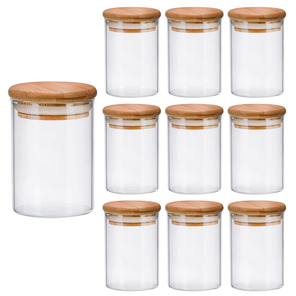 Kit 10 pote porta mantimentos 200ml de Vidro Com Tampa De Bambu Temperos cozinha hermético...