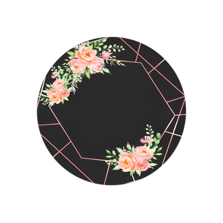 NOVO Painel Festa Infantil Redondo Circulo Geométrico Floral Rosinha, Fundo Preto + Arco, Suporte incluso. Fazemos personalizado com qualquer tema. Confeccionado em Lona fosca, impressão de alta resolução. cenário , p/ Decoração