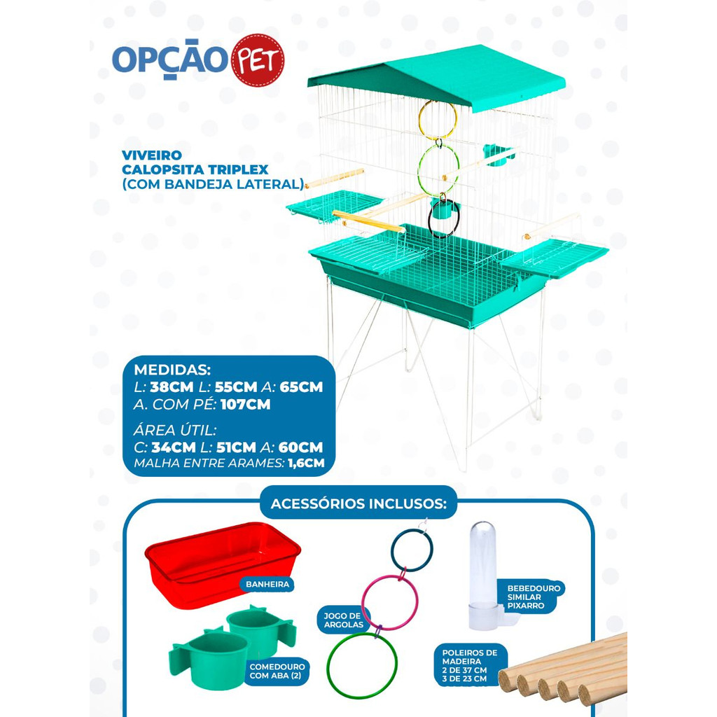 Viveiro Tríplex Grande para calopsita, papagaio e pássaros médios, com jogo de argola colorida na cor Verde T. OPÇÃO PET