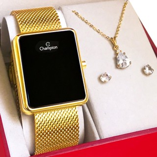 Relógio Champion Feminino Dourado Digital LED Original com garantia de 1 ano acompanha colar e brincos em Oferta na Shopee