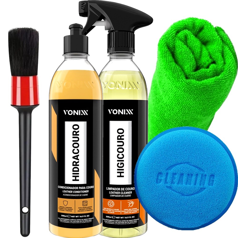 Kit Limpeza de Couro Vonixx Limpador Higicouro + Hidratante Hidracouro Pincel Pano e Aplicador em Oferta na Shopee