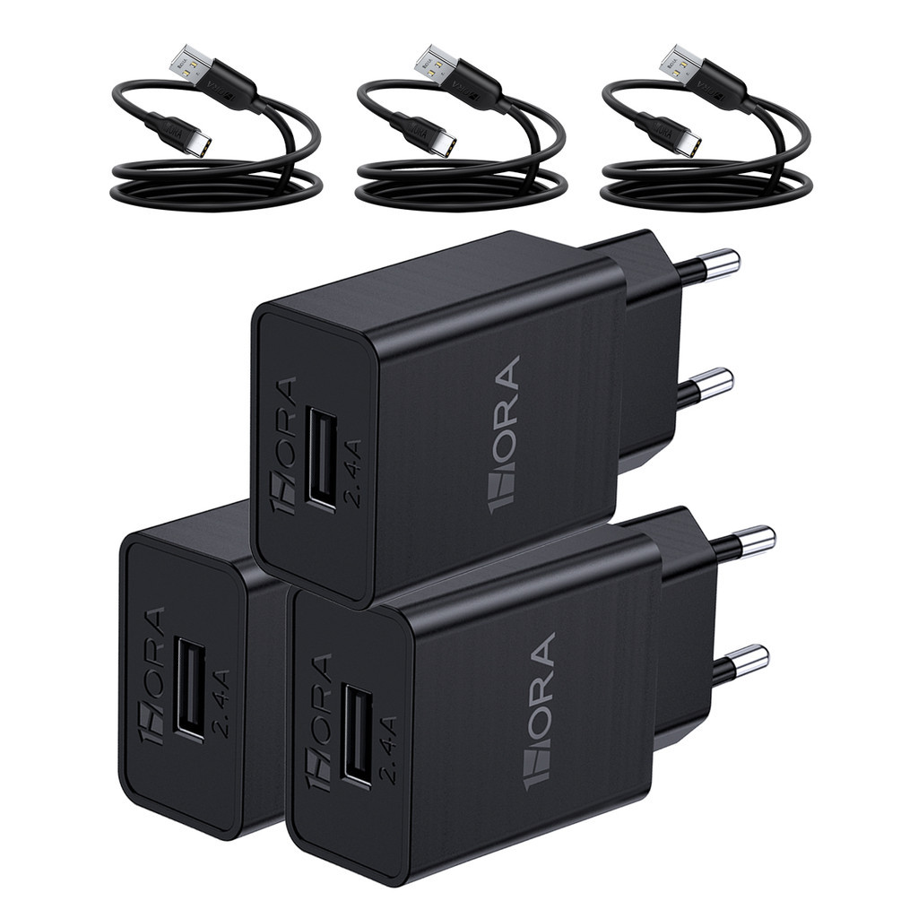 KIT 3X Carregador Usb 1Hora, 2.4A + Cabo Usb A/C Preto - Mobile & Gadgets