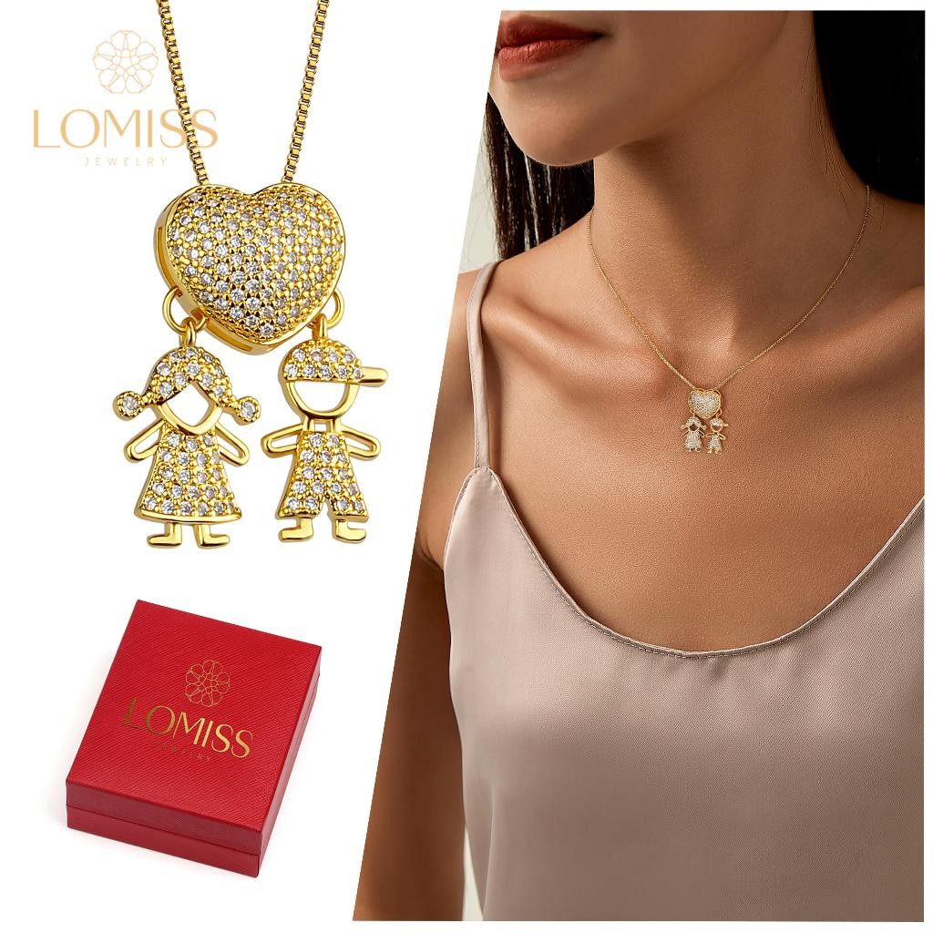 LOMISS Colar Feminino Pingente Menino E Menina Folheado a Platina Zircônia Coração/Bonequinhos