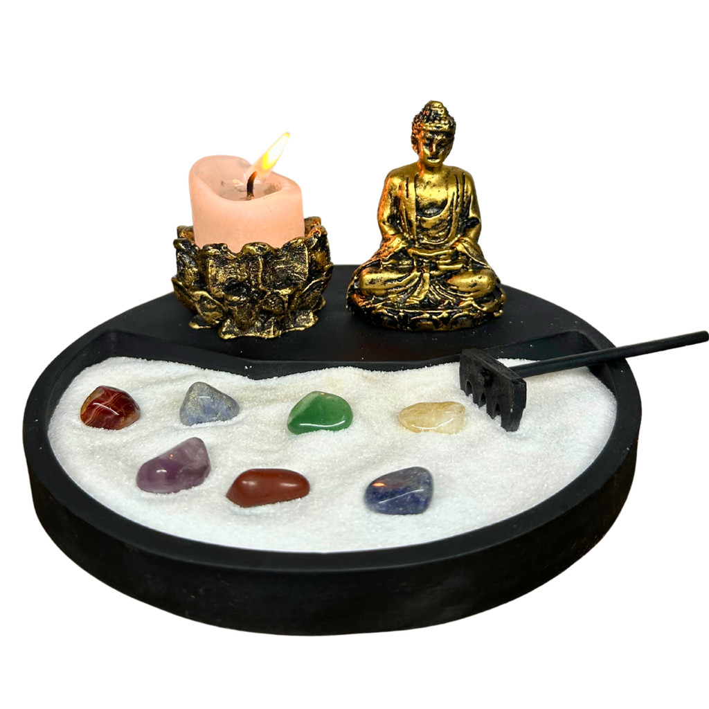 Jardim Zen Japones Miniatura Buda Meditando Castiçal e Incensario Vareta