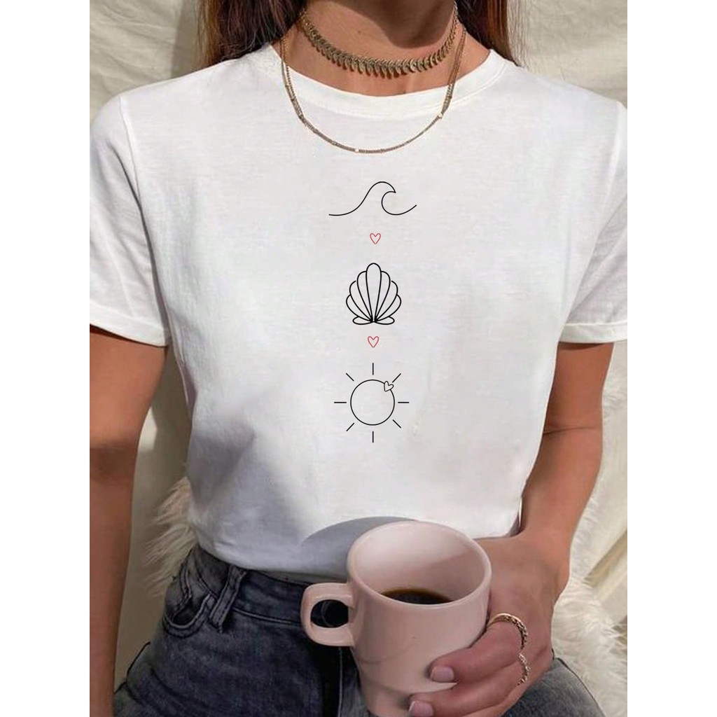 Camiseta Feminina Babylook T Shirt 100% Algodão Praia Onda Concha Sol Coração Verão