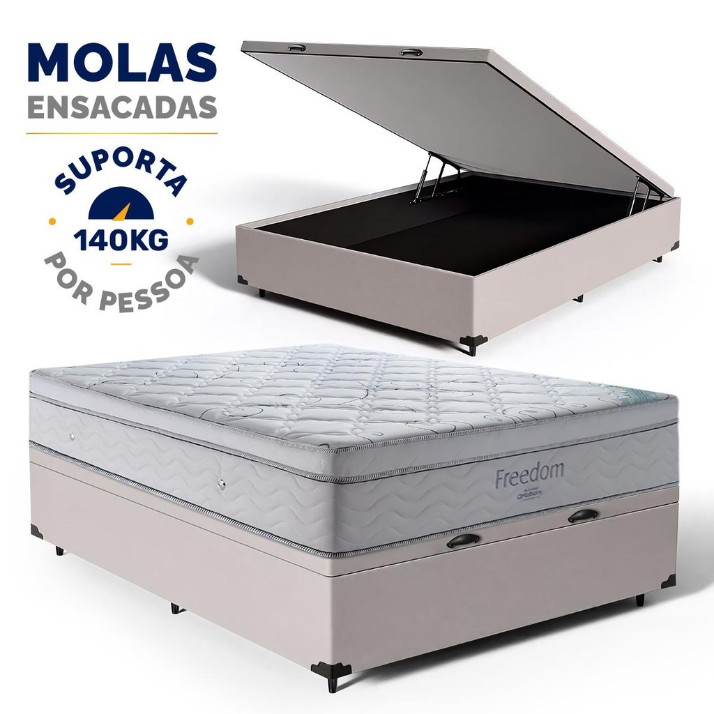 Cama Box Baú com Colchão de Molas Ensacadas D33 Pillow In Ortobom Freedom Casal 138cm em Oferta na Shopee