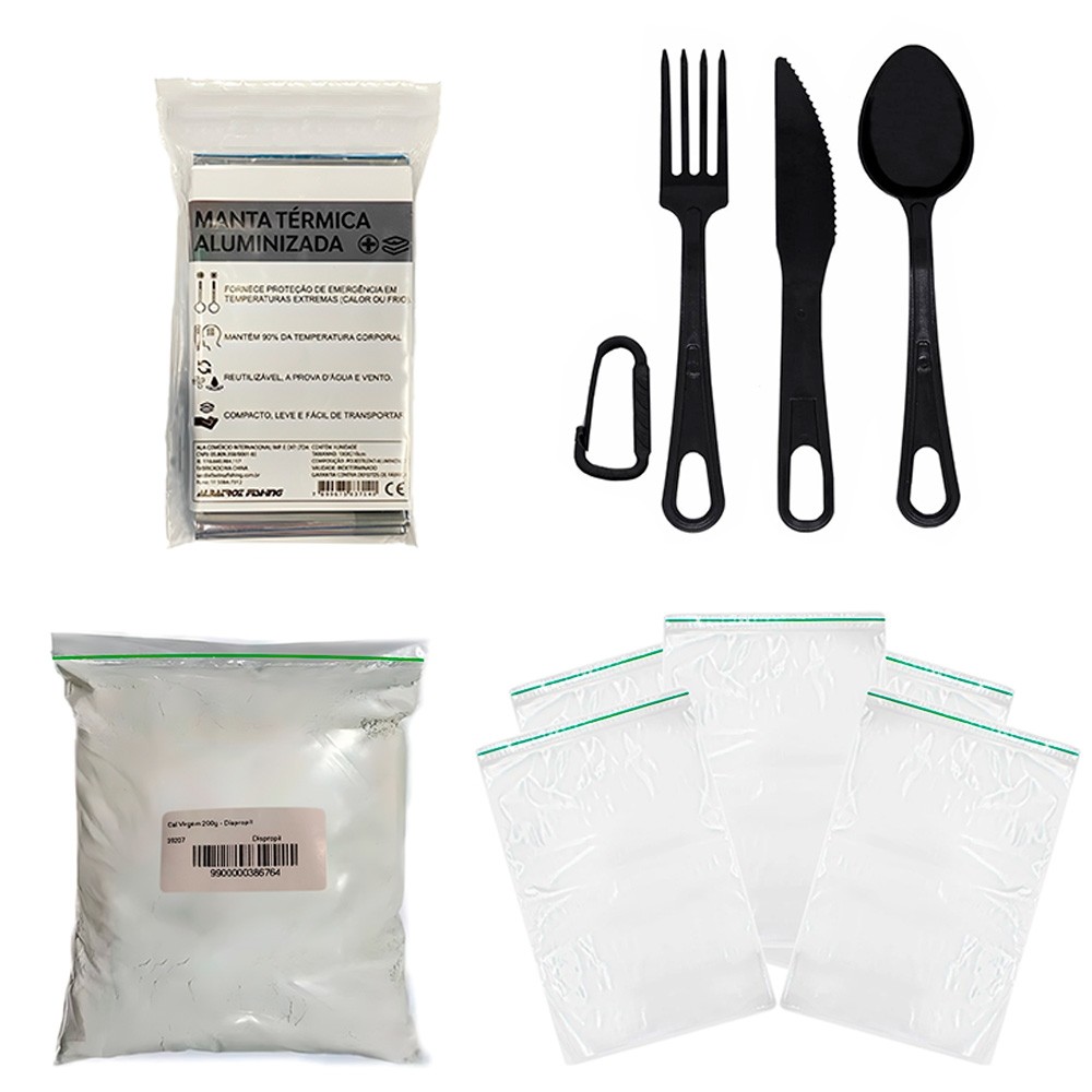 Kit Zip Lock + Cal Virgem + Talher + Manta Aluminizada em Oferta na Shopee