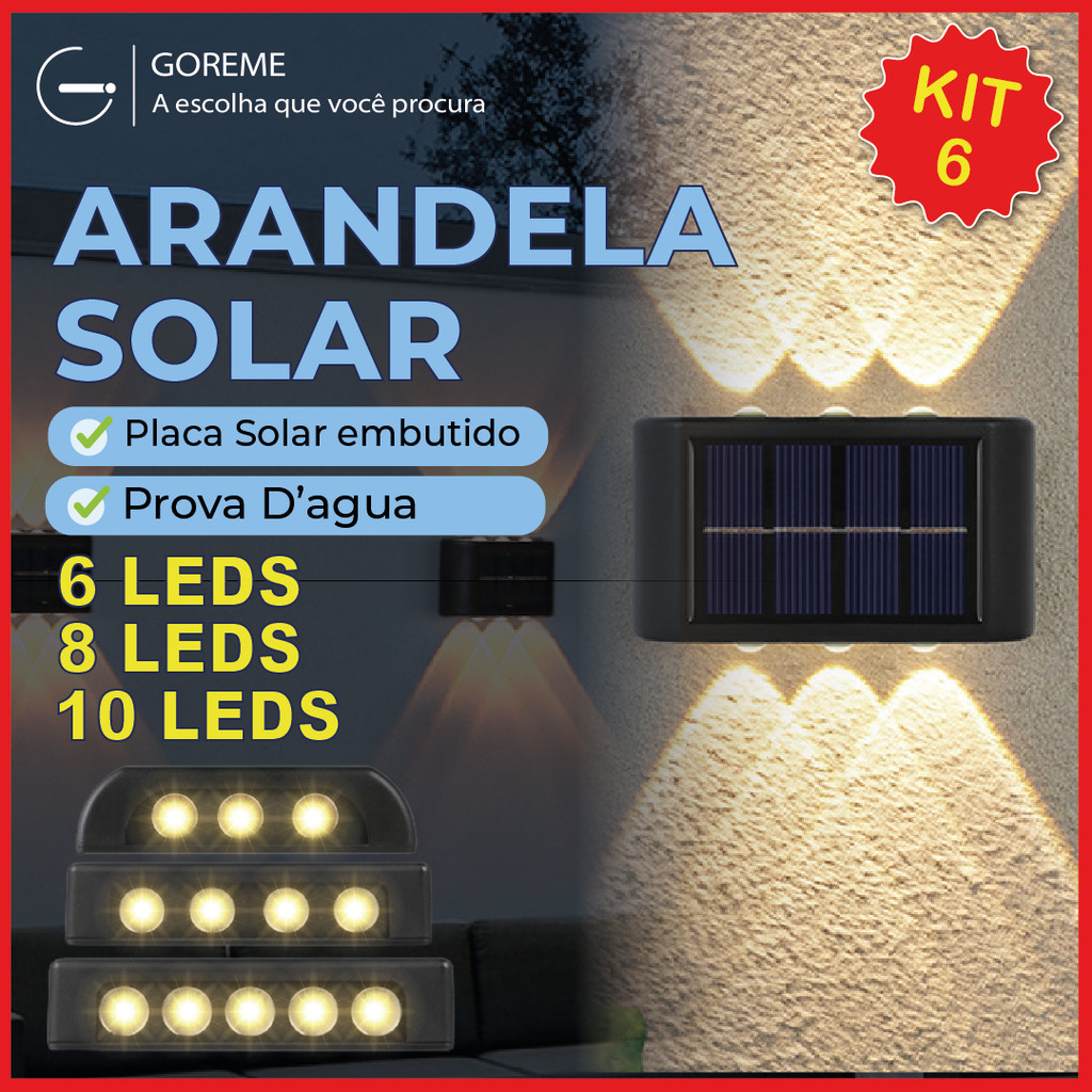 Kit 6 Luminária Arandela Solar 6 8 e 10 LED Luz Branco Quente para Parede a Prova dágua Spot parede em Oferta na Shopee