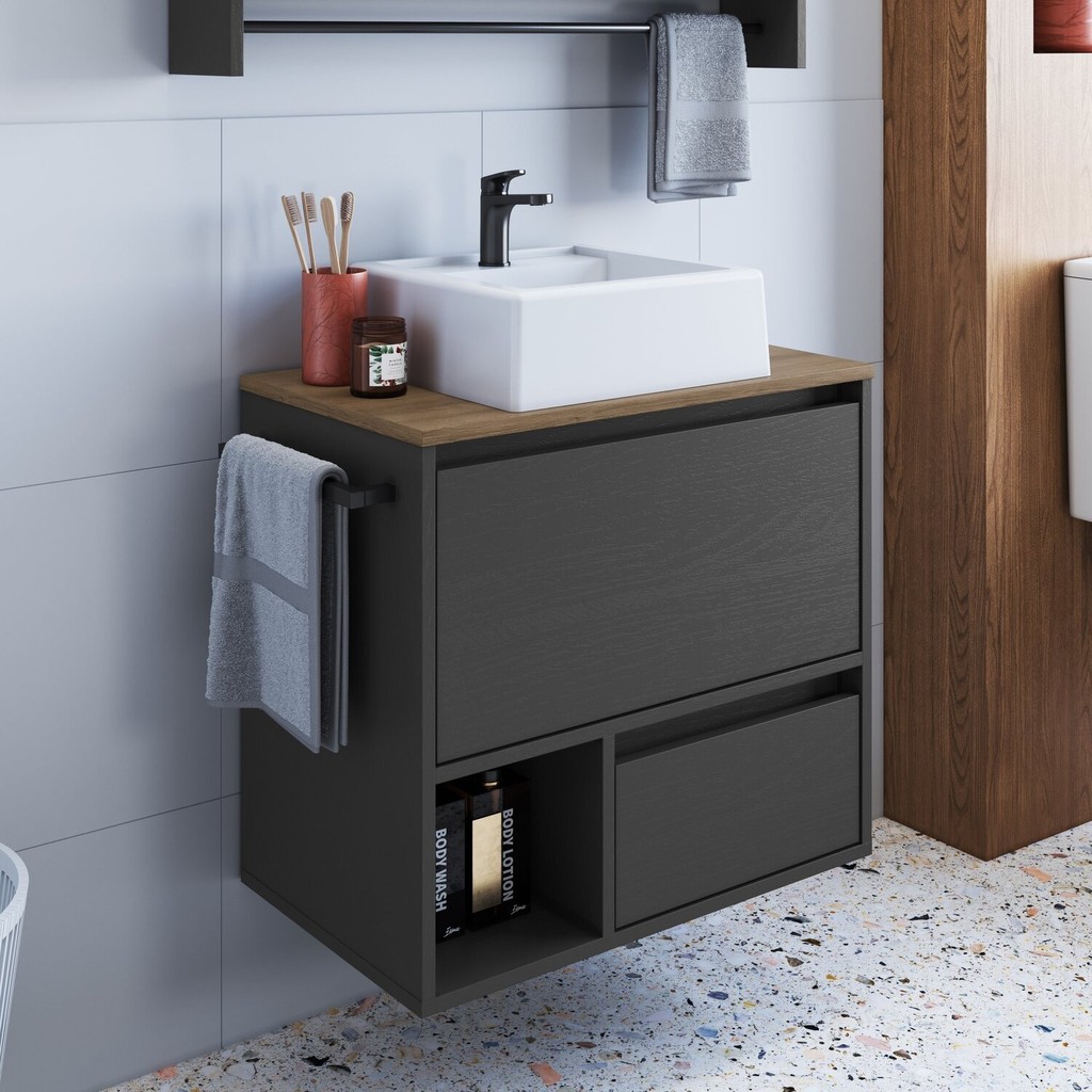 Gabinete de Banheiro Suspenso 60cm com 1 Nicho 1 Toalheiro 1 Porta e 1 Gaveta com Cuba Mel/Grafite - Home & Living