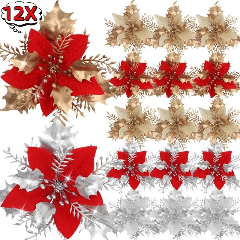 12pçs Flores Artificiais Com Glitter , Enfeites De Árvore De Natal , Festa De Casamento , Ano Novo , Decoração De Casa ,