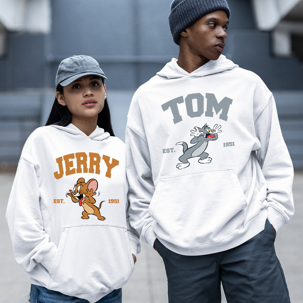 Kit Casal Blusa Moletom Canguru Desenho Tom e Jerry Namorados Feminino Masculino Flanelado Unissex Inverno