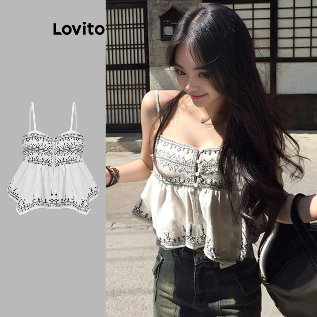 Lovito Regata Boho Com Estampa Tribal E Botão Para Mulheres L91AD268