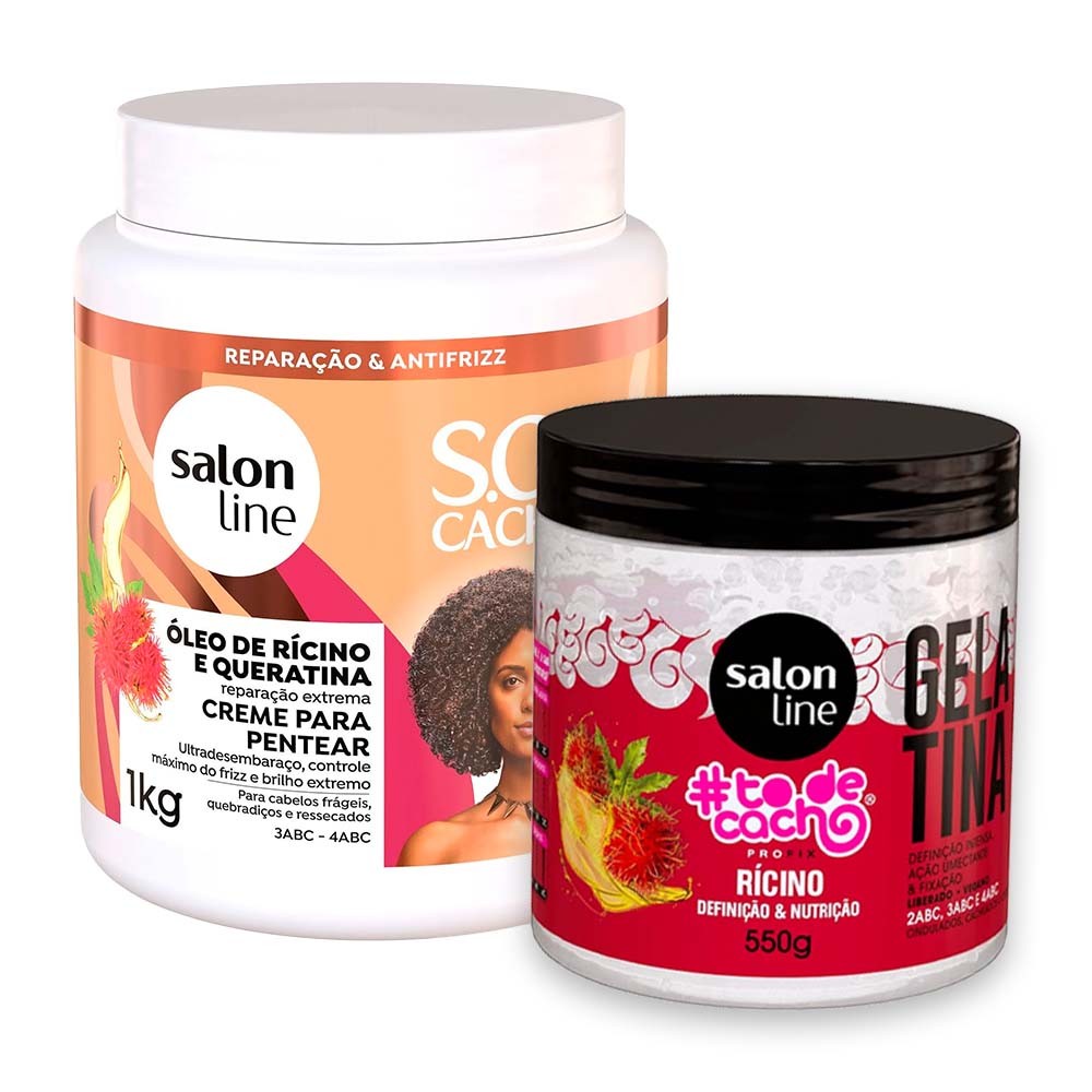 Kit Creme De Pentear Salon Line Rícino E Queratina 1kg e Gelatina Salon Line Cachos Óleo De Rícino 550g - Beauty