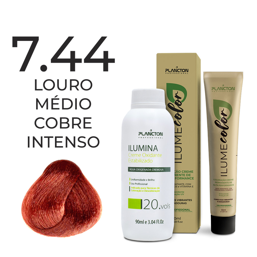 KIT ILUME COLOR PLANCTON - 7.44 LOURO MÉDIO COBRE INTENSO + OX ILUMINA 20V