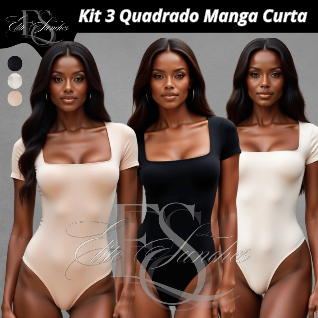 Kit 3 Body Feminino Suplex Manga Curta Decote Quadrado Manguinha Decotado Forro Duplo Tecido Premium