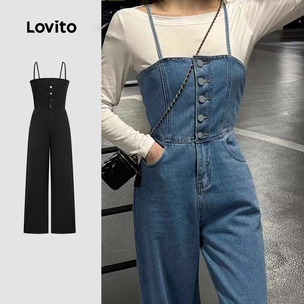 (Hot) Lovito Casual Macacão Feminino Liso Lavado com Bolso e Botão Frontal LNE22047 (Multicolorido) em Oferta na Shopee
