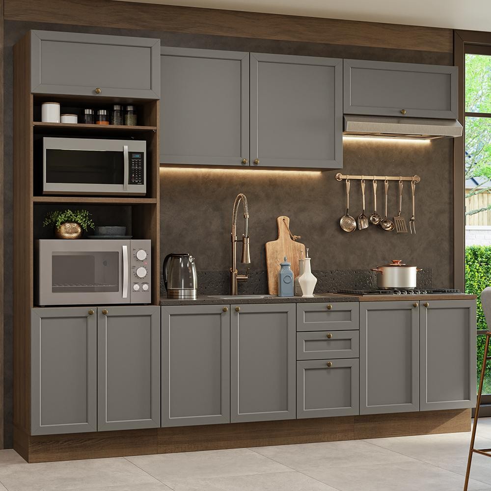 Armário de Cozinha Completa 270 cm Rustic/Cinza Vik Madesa 01