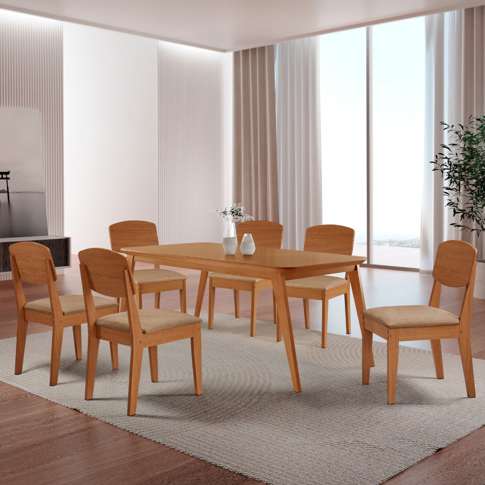Mesa de Jantar Copper 180cm Tampo Canto Copo MDF com 6 Cadeiras Copper Moderna Mobília