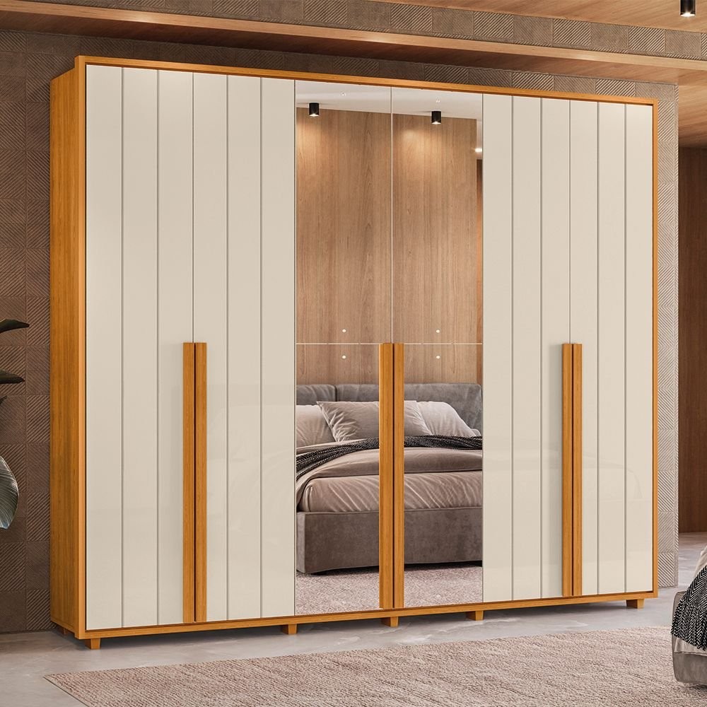 Guarda-Roupa Casal 6 Portas 100% MDF com Espelhos e Pés Volpi Cinamomo/Off White em Oferta na Shopee