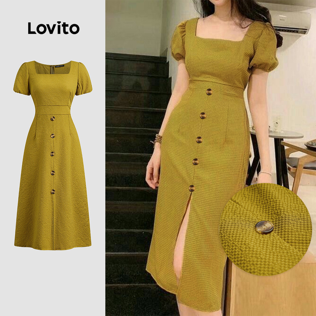 Lovito Vestido Casual Botão Primavera/Verão Vestido Amarelo Para Mulheres L134ED162 - Women Clothes
