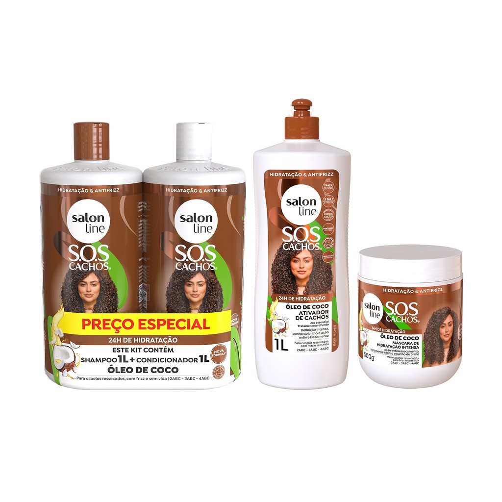 Kit com Ativador de Cachos + Máscara de Hidratação + Shampoo e Condicionador SOS Cachos Coco Salon Line