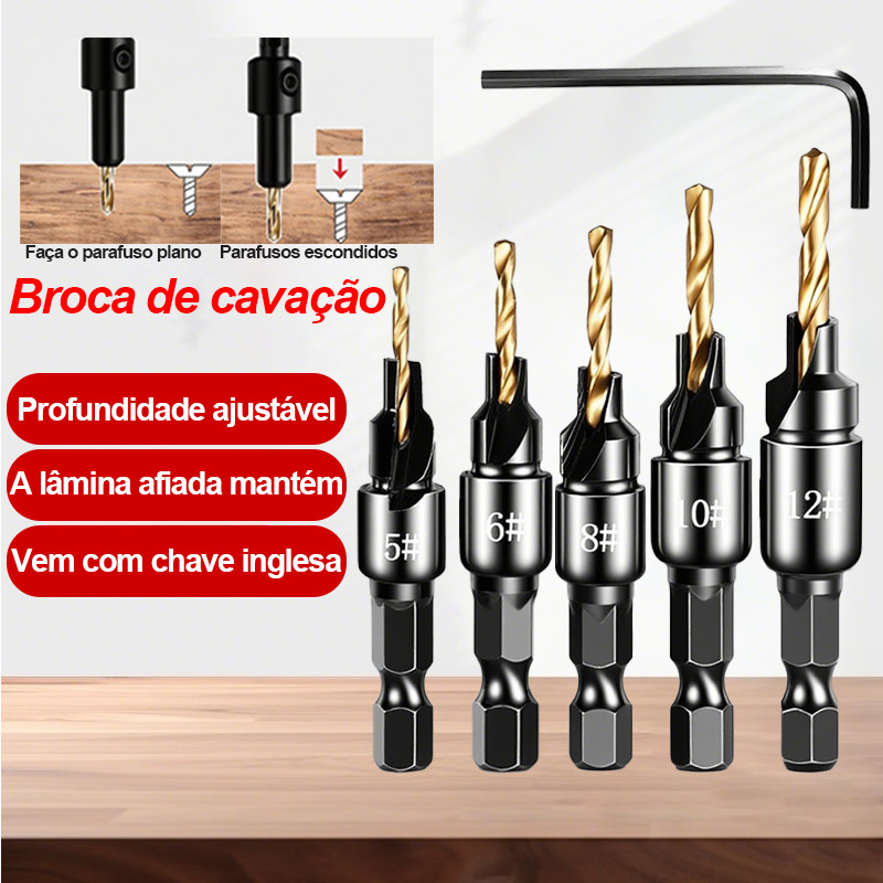 Conjunto De Brocas Escareadoras 5 Peças e Para Marcenaria Com Tamanhos # 5 to 12