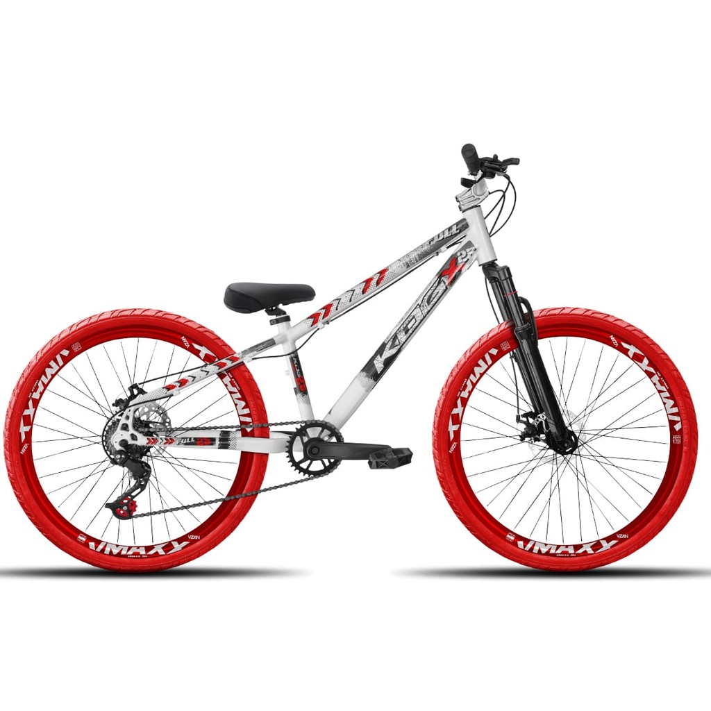 Bicicleta aro 26 KOG Freeride 1x7 Branco e Vermelho Vmaxx Vermelho Neon - Pneus Vermelho - Mesa Curta Prata - Guidão Pra