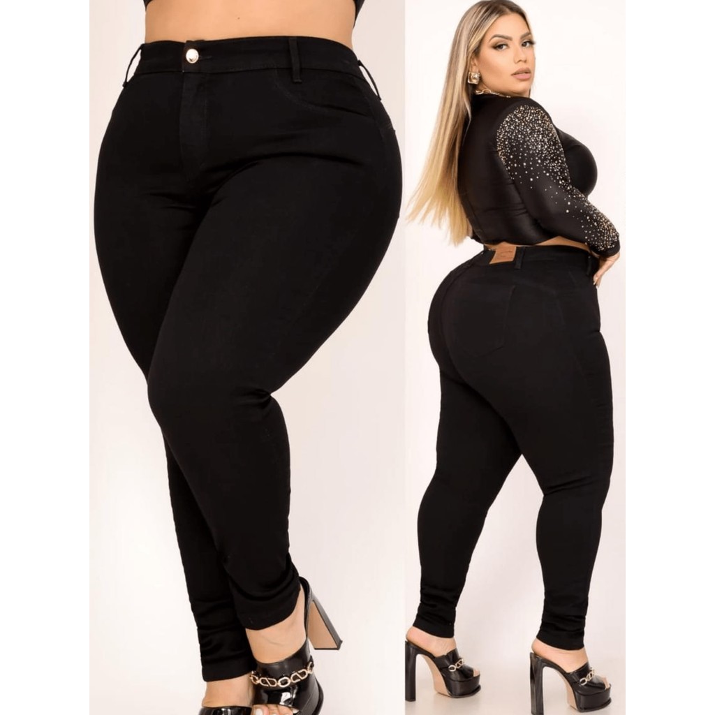 Calça Jeans Feminina Plus Size Preta Skinny Com Elastano Cintura Alta MODA PLUS SIZE JEANS