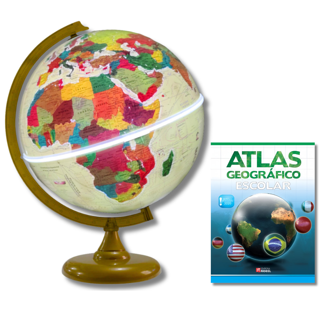 Globo Terrestre Com Luz LED Físico Histórico Ouro Velho 30cm + Atlas Geográfico