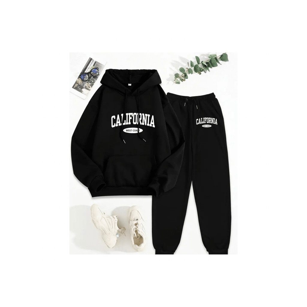 Conjunto Casual De Calça Estampada Da Califórnia, Moletom Com Capuz E Cordão Na Manga Comprida E Calça Jogger Com Bolso,