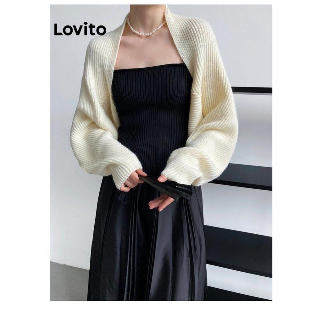 (Trendy) Lovito Cardigans Elegantes Cardigans Básicos Lisos Para Mulheres LNE37018 (Cáqui/Aprico/Preto) - Women Clothes
