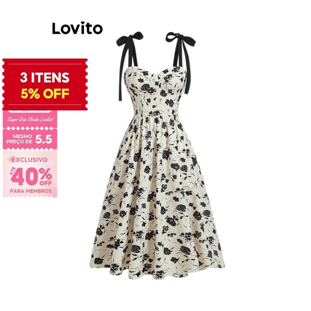 (Trendy) Lovito Vestido Casual Floral Drapeado Com Gravata Frontal Para Mulheres L76AD189 (Multicolorido) em Oferta na Shopee