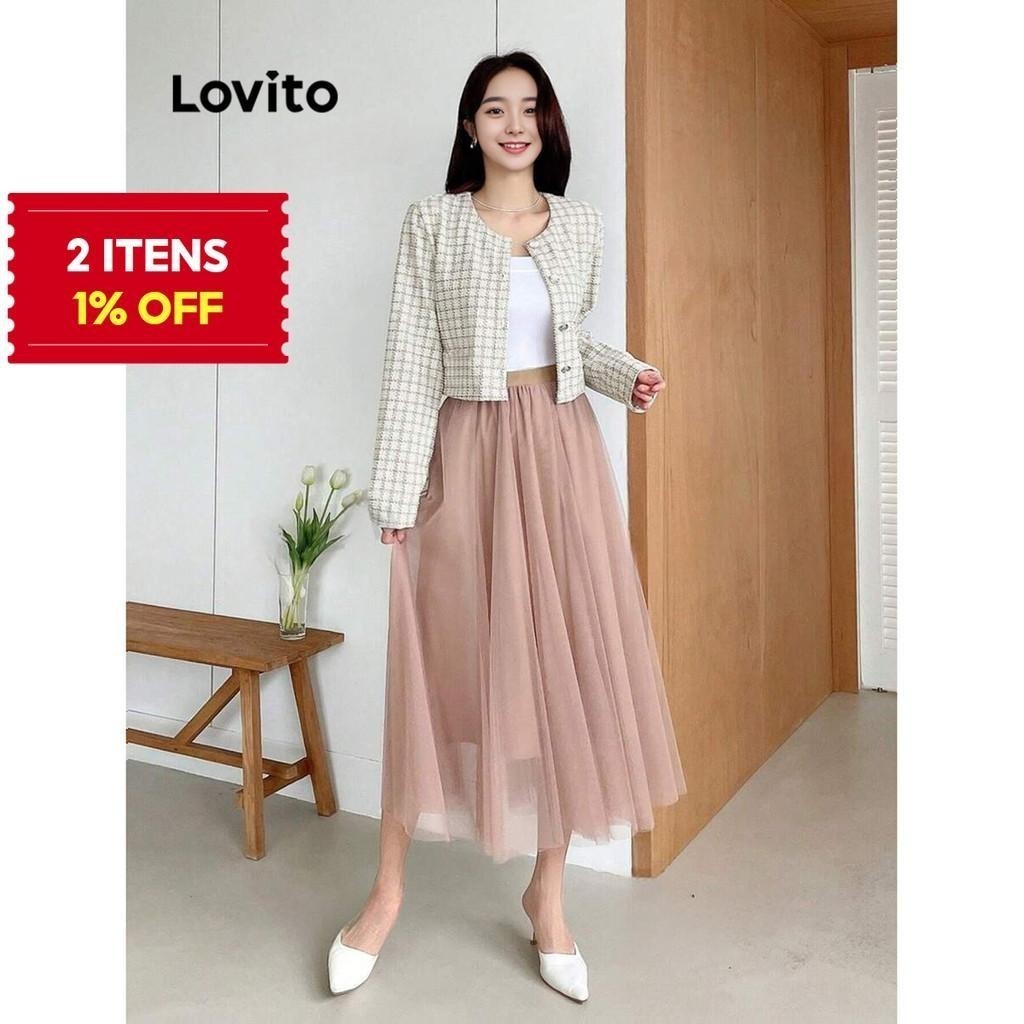 (Trendy) Lovito Jaqueta Elegante Xadrez Pérolas Botão Frontal Para Mulheres L101AD091 - Women Clothes