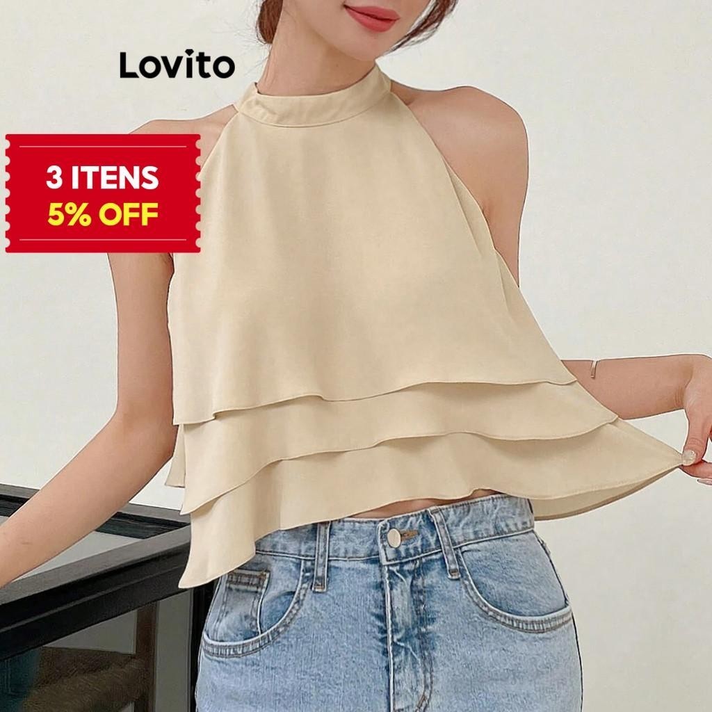 (Trendy) Lovito Regata Elegante Com Camada Lisa Em Camadas Para Mulheres L71ED061 (Caqui Claro/Preto) - Women Clothes