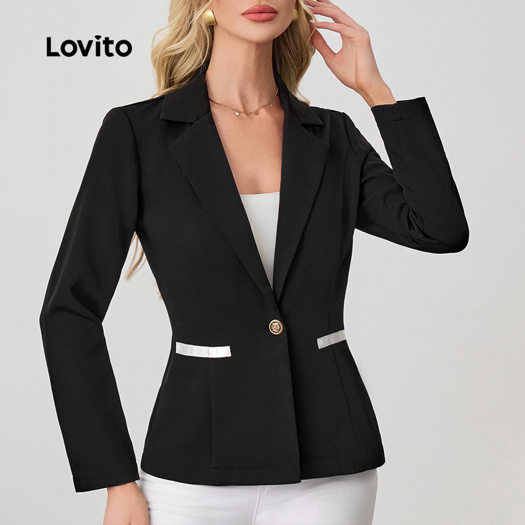 (Trendy) Lovito Blazer elegante de Metal com bolso Colorblock liso para mulheres LBL24087 - Women Clothes