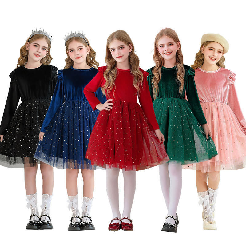 2025 babados vestido de manga comprida princesa festa de natal desempenho traje crianças traje de inverno céu estrelado