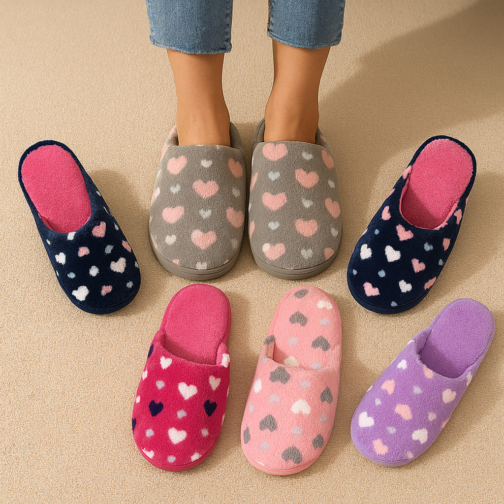 Chinelo Pantufa Feminina Adulto Inverno Estampa Coração Quentinha Forrada Em Lã E Com Antiderrapante