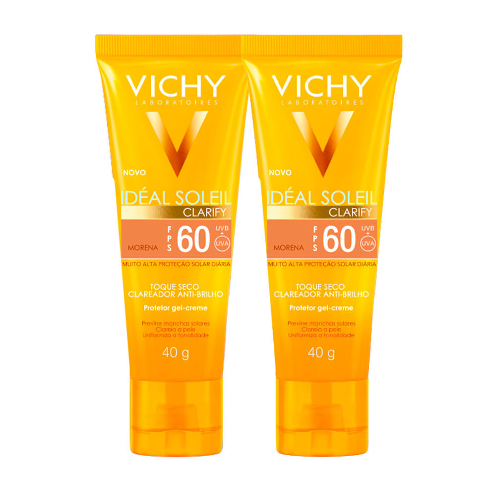 Kit 2 Protetor Solar Idéal Soleil Clarify Morena FPS 60 Gel Creme Com Cor 40g - Beauty