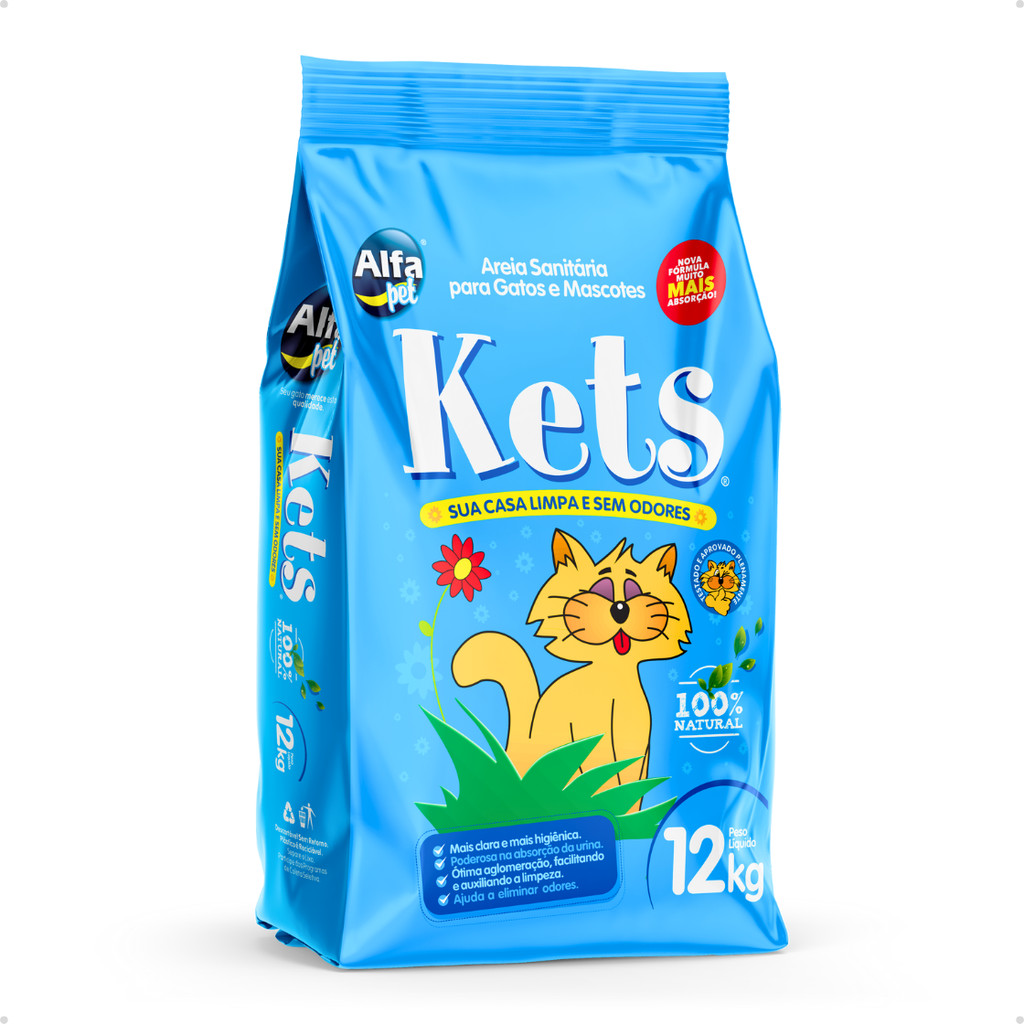 Areia Sanitária Higiênica Natural Argila para Gatos Granulado Kets - 12 Kg
