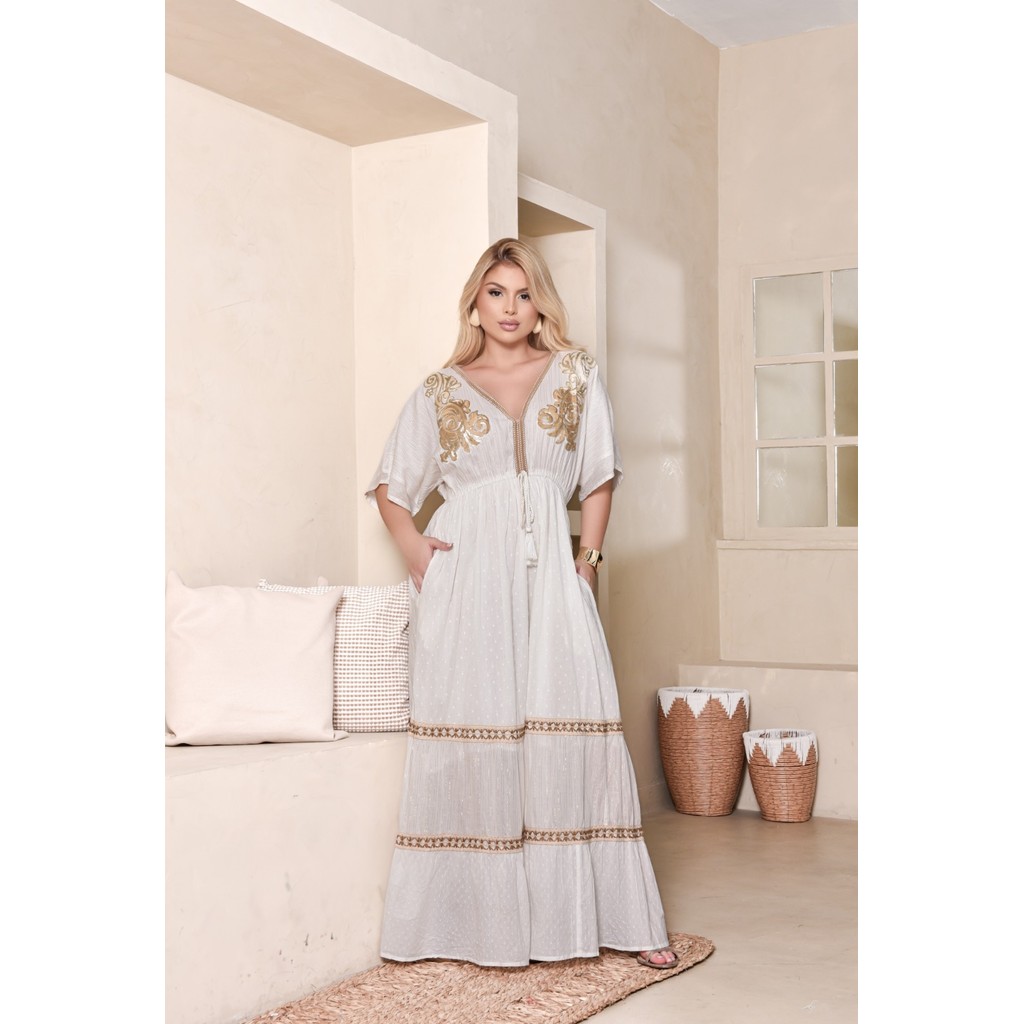 Vestido Longo Feminino Boho Branco com Bordado Dourado em Oferta na Shopee