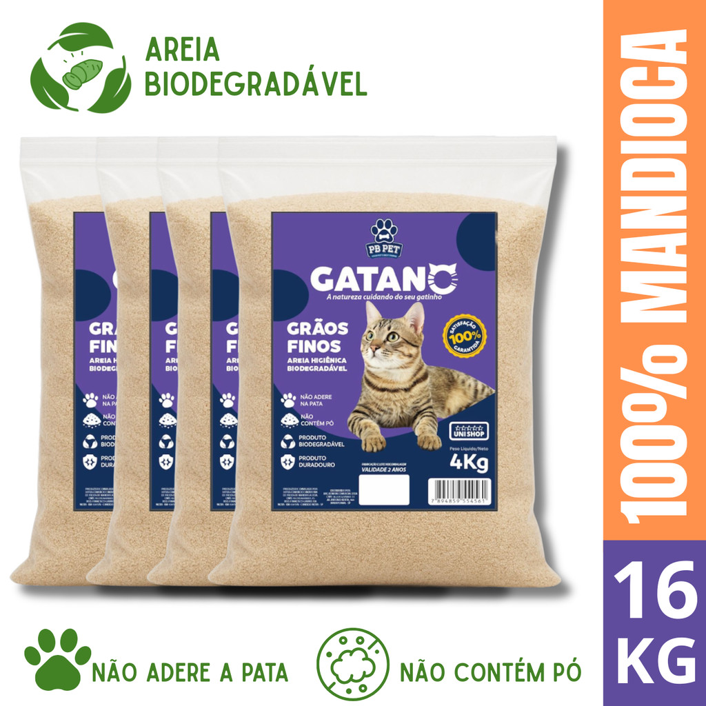 Kit 4 Areia De Gato Biodegradável 100% Mandioca Ultra Aglutinante 16kg em Oferta na Shopee