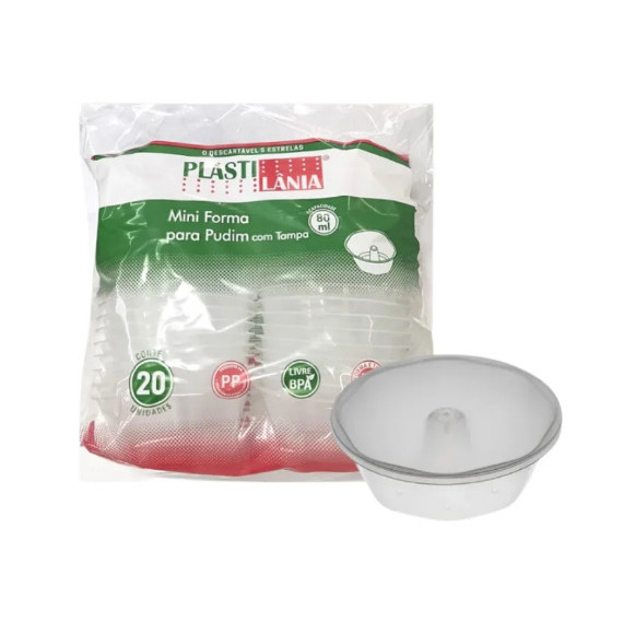 Forma Pudim Mini com Tampa 80ml Forneavel 20 unidades Plastilania
