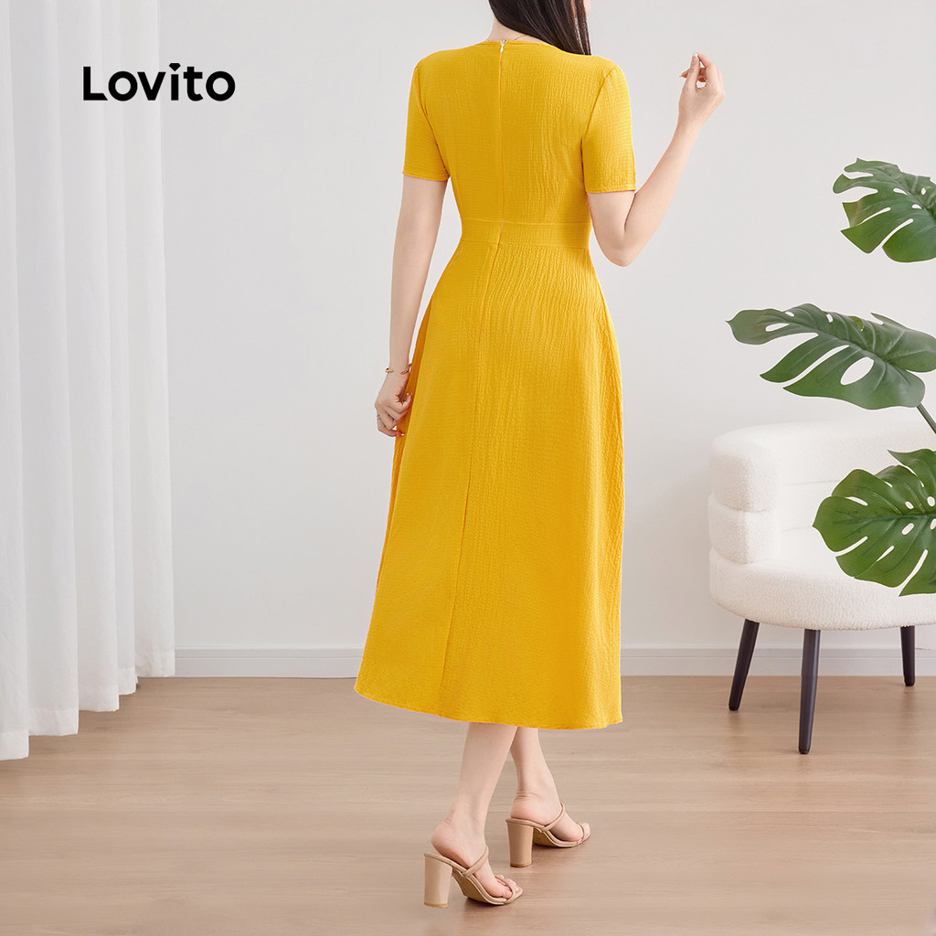 Lovito Vestido Elegante Simples Pregueado para Primavera/verão  Vestido Amarelo para mulheres L143ED146 em Oferta na Shopee