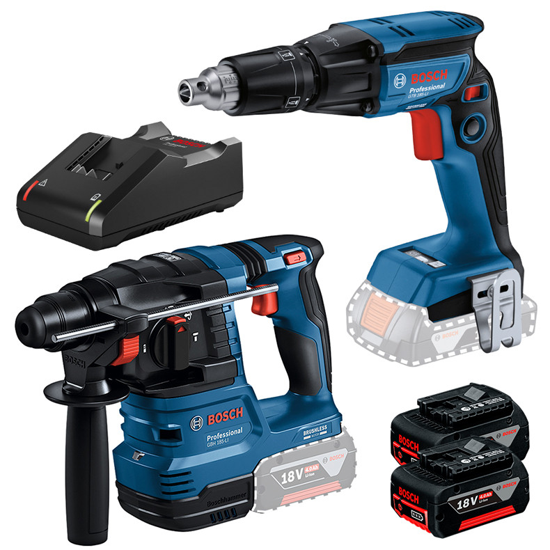 Kit Martelete Rotativo Rompedor GBH 185-LI + Parafusadeira Drywall GTB 185-LI + 2 Bateria 4Ah + Carregador Rápido Bosch