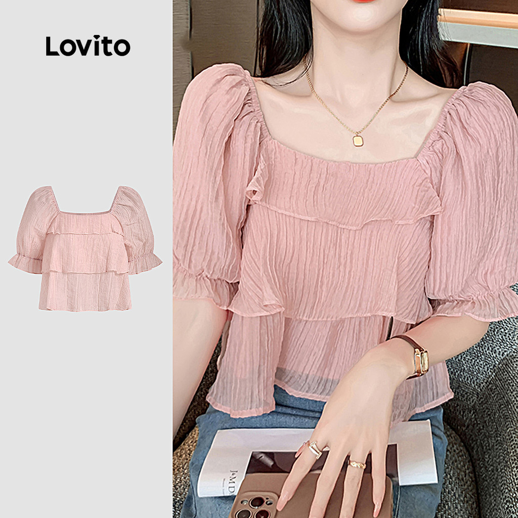 (New) Lovito Blusa Casual de Camadas com Jacquard e Babados Primavera/verão  Blusa Rosa para Mulheres L142ED090 em Oferta na Shopee