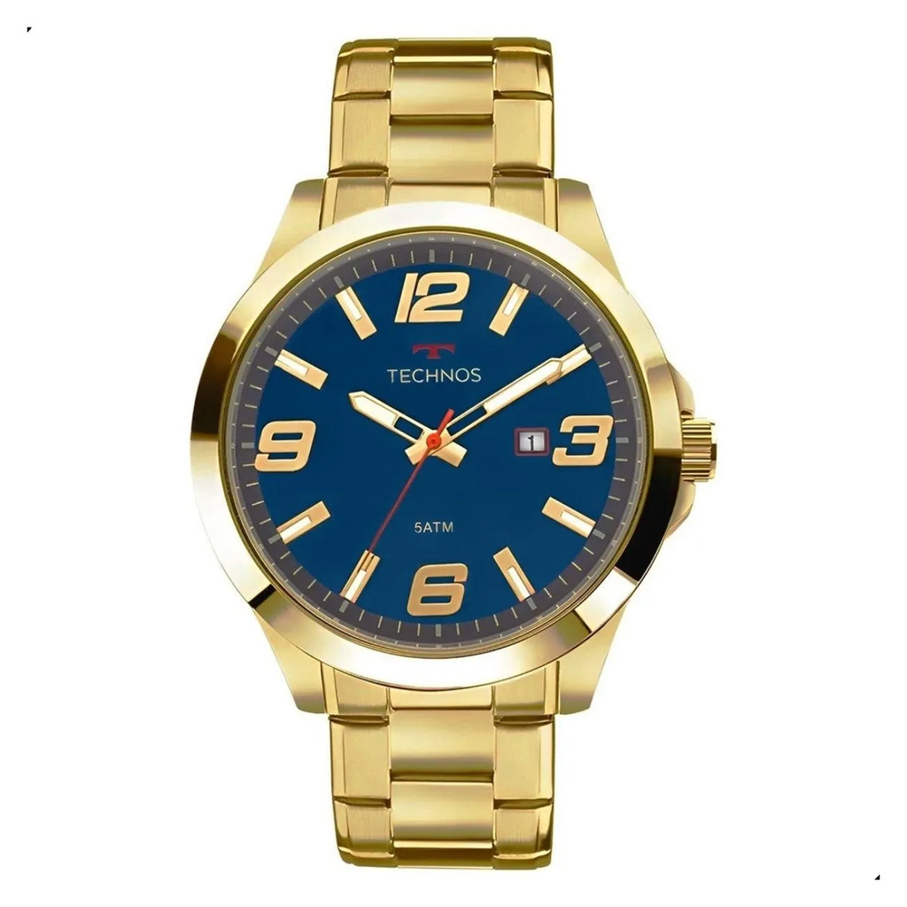Relógio Pulso Masculino Technos 2115MPIS4A Racer Basico Dourado Fundo Azul Analógico Pulseira Aço Prova D'água 50m