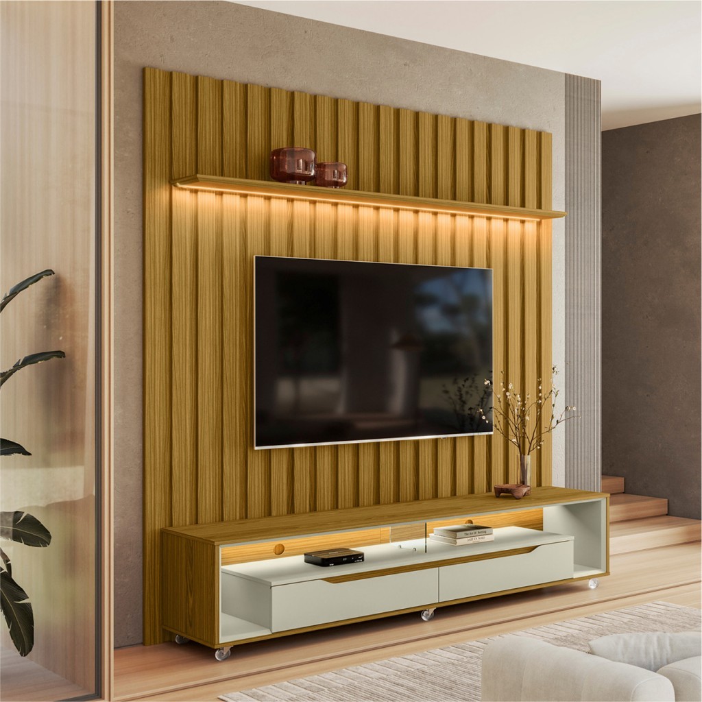 Painel Ripado com Led London 177cm e Rack Loop com Rodízios TV 70 Polegadas – Olivar Móveis em Oferta na Shopee